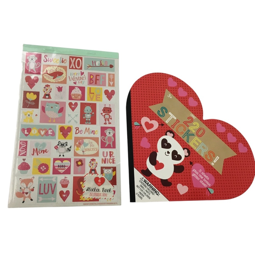 Valentine’s Stickers 2 Books 472+ Total Pandas Heart Elephants Owls Robots Foxes